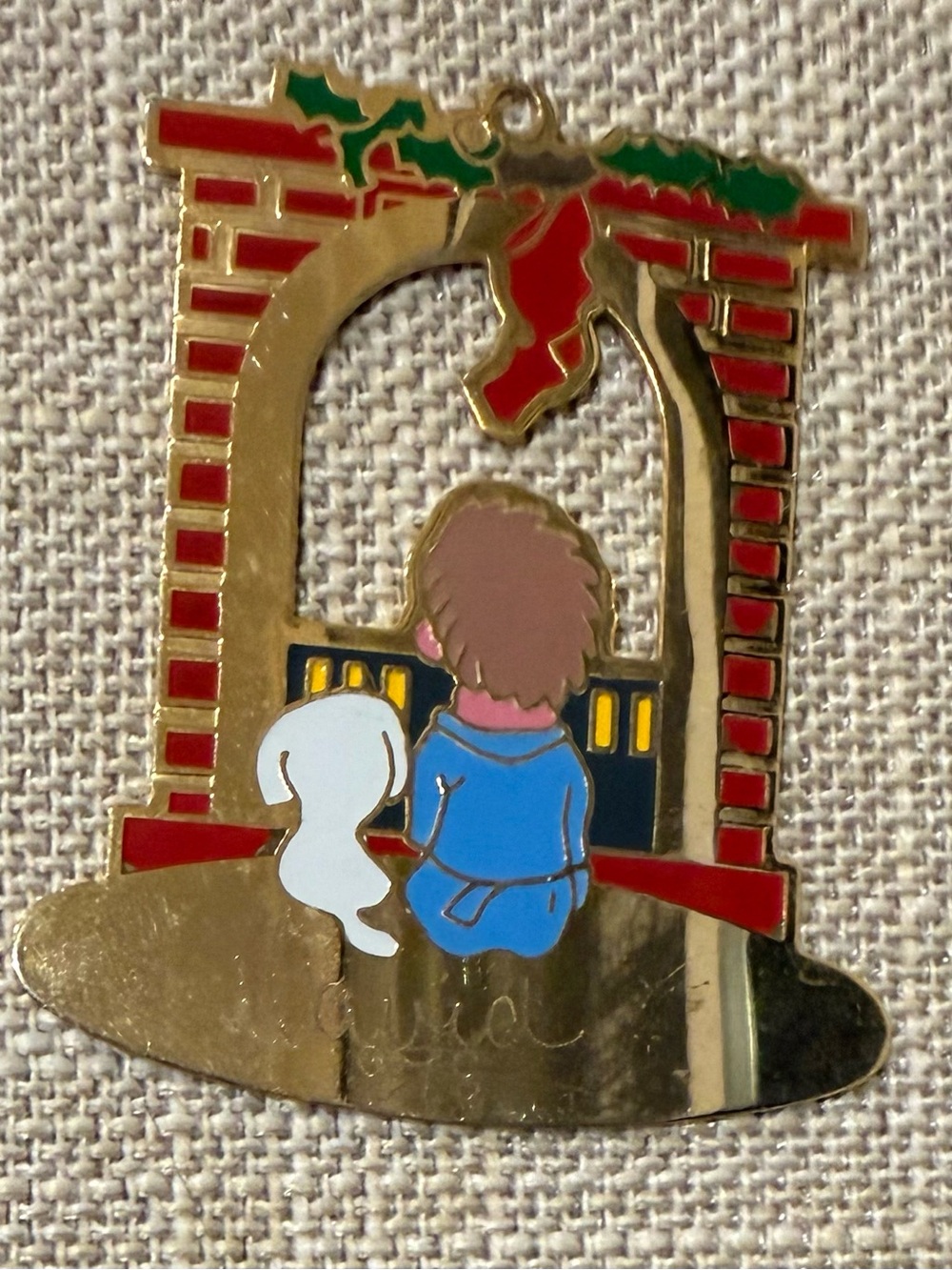 Vtg 1978 Brass & Enamel Christmas Ornament, Boy & Dog Fireplace, Signed "David"